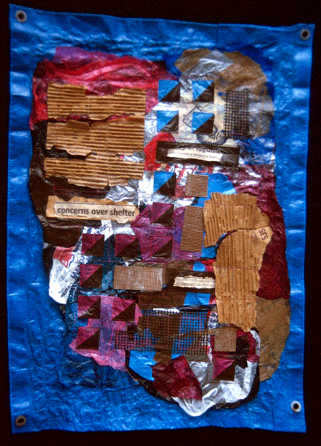 image of quilt titled "The Fabrics of Homelessness" by Jo Van Patten © 2005